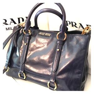 NWT MiuMiu PRADA Vitello Shine Navy Blue RN1037